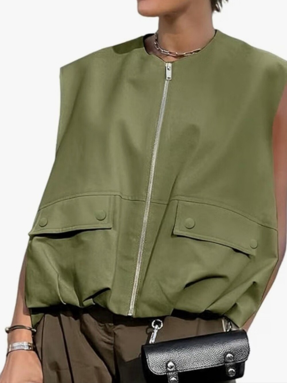 Olive Zip-Front Utility Vest Large
